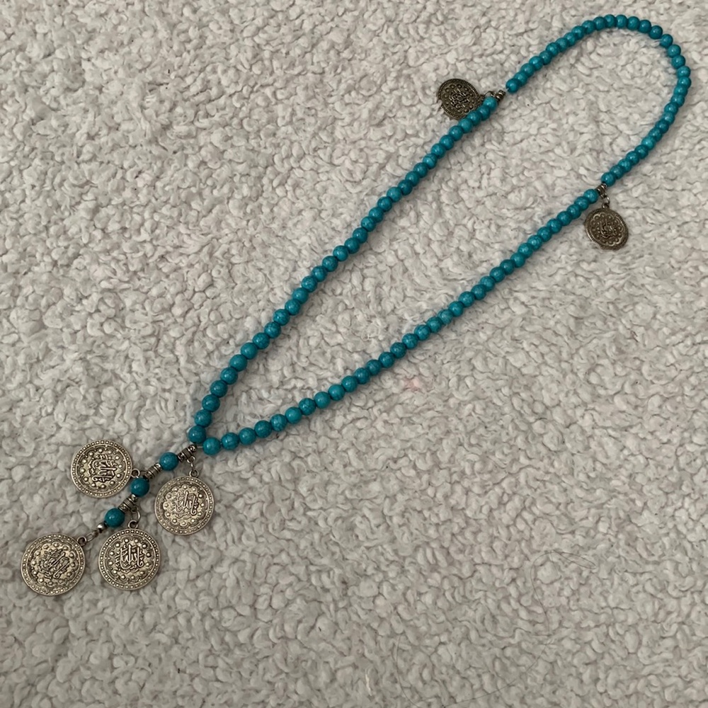 Silver Mashallah (ما شاء الله) with Turquoise Beaded Tasbih Necklace (Masbaha)